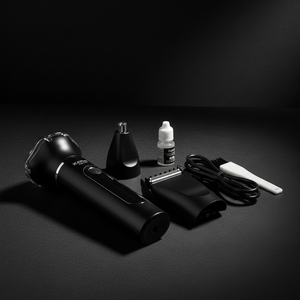 Kemei KM-T97 3in1 όλα τα εξαρτήματα flat lay - dark background