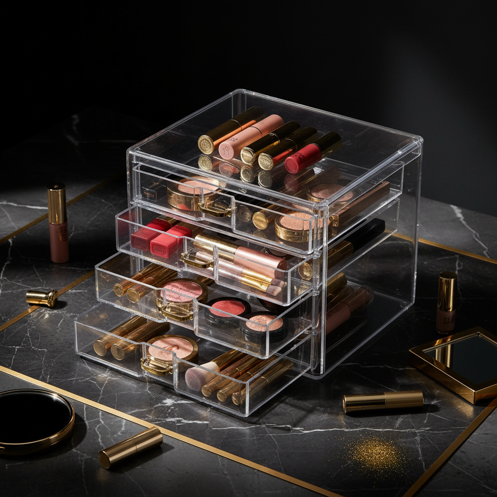 Acrylic Cosmetic Storage Box 5 Drawers - flat lay dark marble